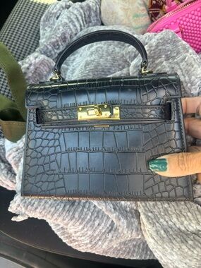 Black Croc-Embossed Top-Handle Women's Bag with Gold Hardware